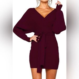 Sweater material dress with self tie waist and mini length